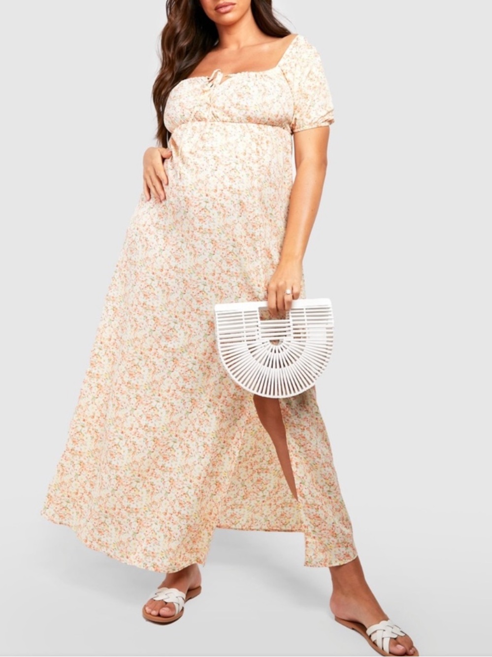 Boohoo Maternity Floral Tie Front Maxi Dress Coral “New”
